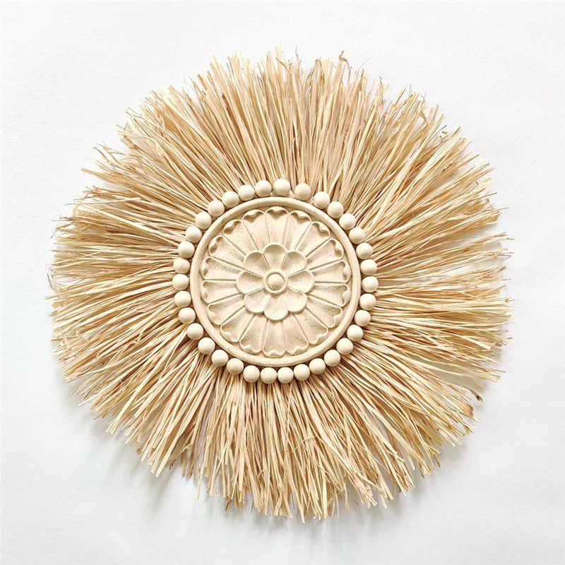 INS Nordic Round Woven Raffith Straw Hanging Pendant Wall Ornaments Moroccan Wooden Beads Carved Handicrafts Homestay Home Decor - Provence Home Living Store