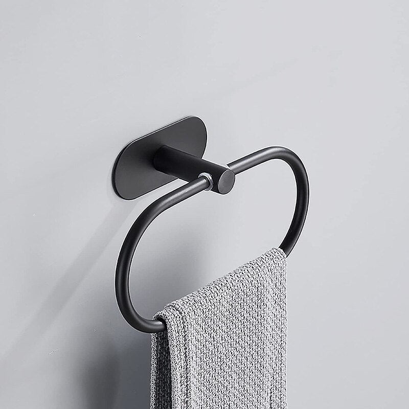 Bathroom Simple Stainless Steel Wall Mounted Towel Rack Self-Adhesive Towel Holder Hanger Towel Ring Storage Hanging Shelf Black - Provence Home Living Store