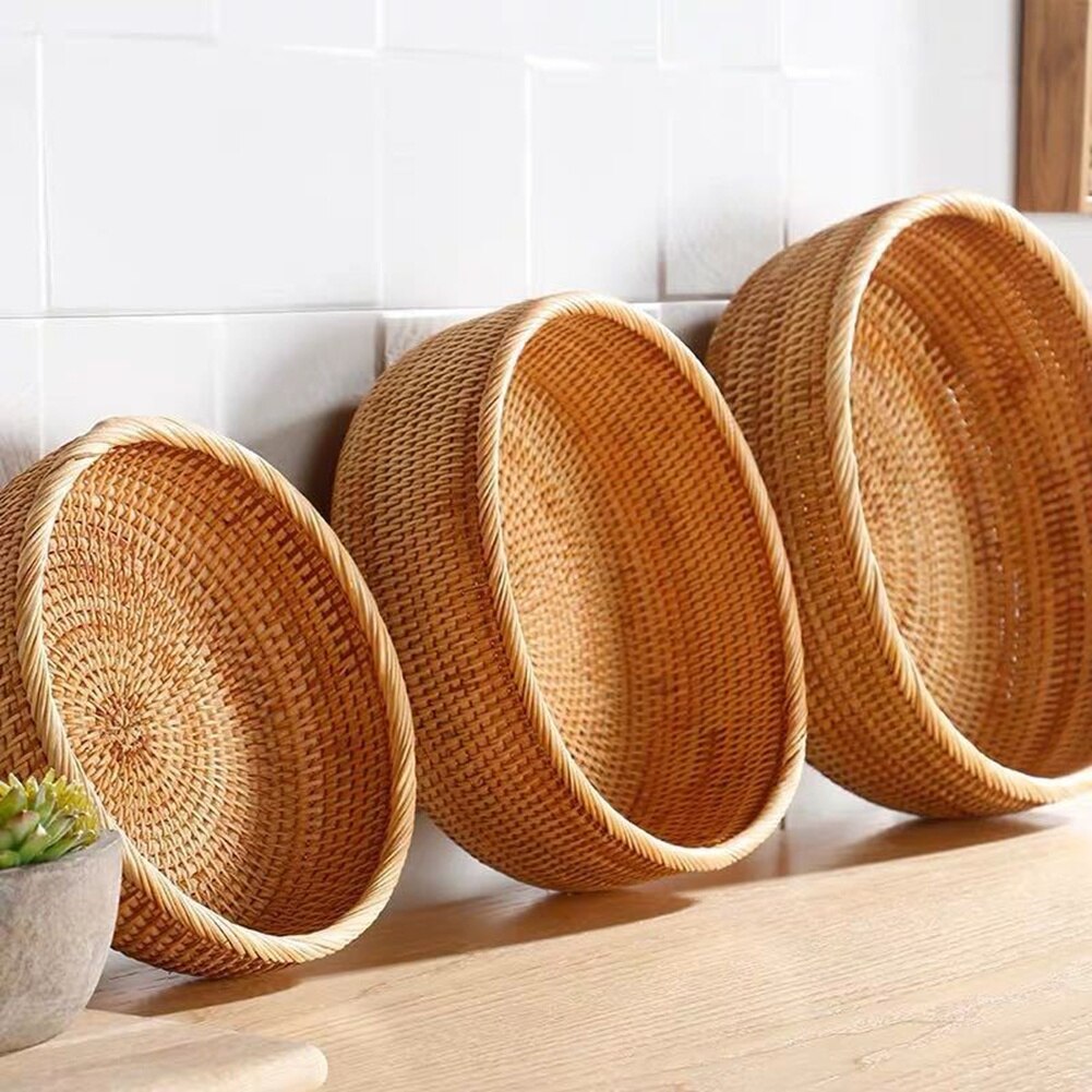 Hand-woven Rattan Wicker Basket Fruit Tea Snack Bread Basket Cosmetic Storage Box Kitchen Desktop Organizer Sundries Container - Provence Home Living Store