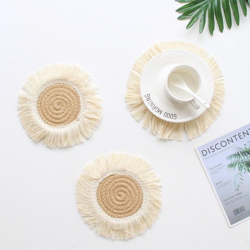 INS Cotton Rope Round Placemats Hand Woven Tassels Table Mat Bowl Pot Insulation Pads Tableware Drink Coaster Home Kitchen Decor - Provence Home Living Store