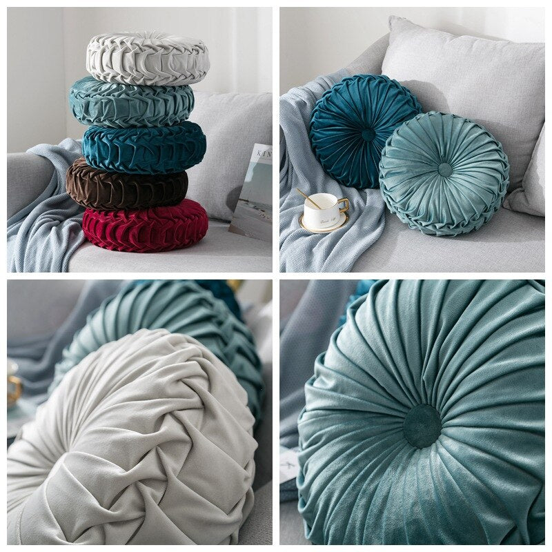 Europe Style Velvet Pleated Round Floor Seat Cushion Pumpkin Pillow Pouf Soft Throw Home Sofa Decor Back Cushion with Core - Provence Home Living Store