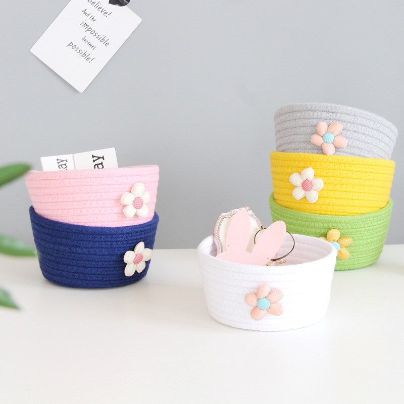 Hand Woven Cotton Rope Storage Basket With Flower Decor Desktop Sundries Kids Toys Organizer Box Dirty Clothes Laundry Baskets - Provence Home Living Store