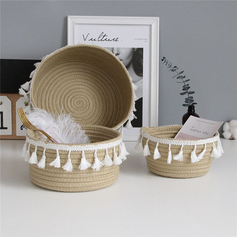 Nordic Cotton Rope Storage Baskets With Tassel Handmade Woven Dirty Clothes Laundry Basket Desktop Sundries Organizer Hamper - Provence Home Living Store