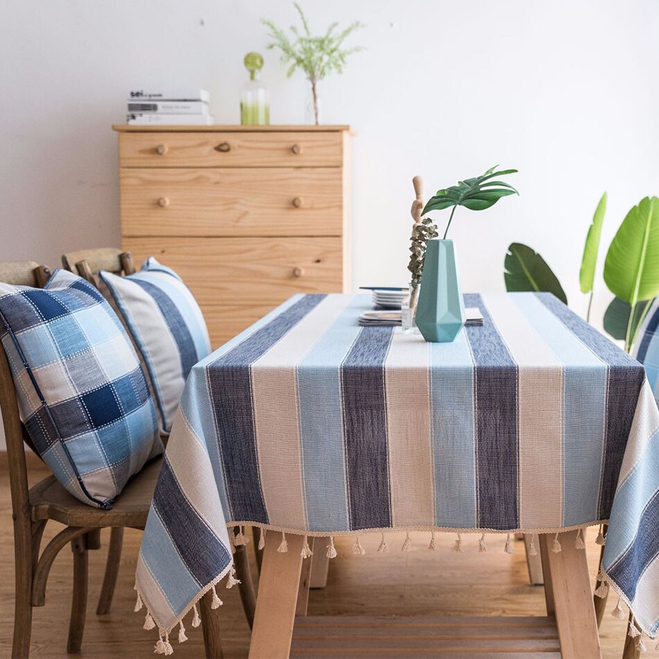 Striped Tablecloth with Tassels,Rectangular Linen Cotton Table Cover for Kitchen Dinning Room Tabletop Coffee Table Decoration - Provence Home Living Store