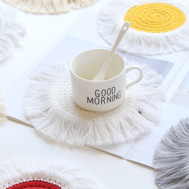 INS Cotton Rope Round Placemats Hand Woven Tassels Table Mat Bowl Pot Insulation Pads Tableware Drink Coaster Home Kitchen Decor - Provence Home Living Store