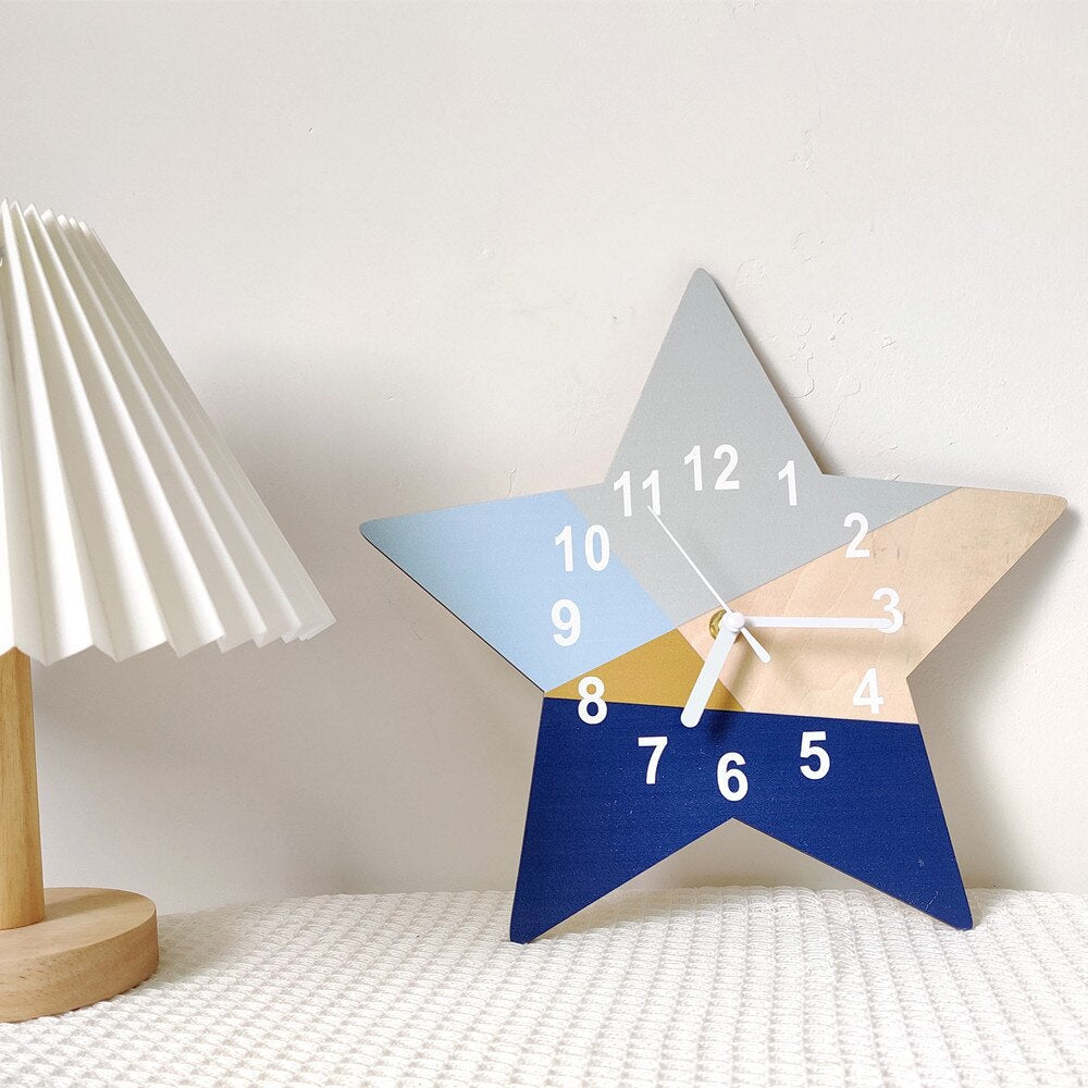 INS Nordic Wooden Geometric Wall Clock Blue Series Five Pointed Shaped Digital Wood Mute Silent Clocks Living Room Hanging Watch - Provence Home Living Store