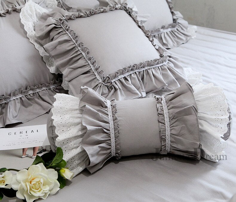 White embroidered cushion decorative bedding pillow European candy cushion princess ruffle lace lumbar pillow sofa hand rests - Provence Home Living Store