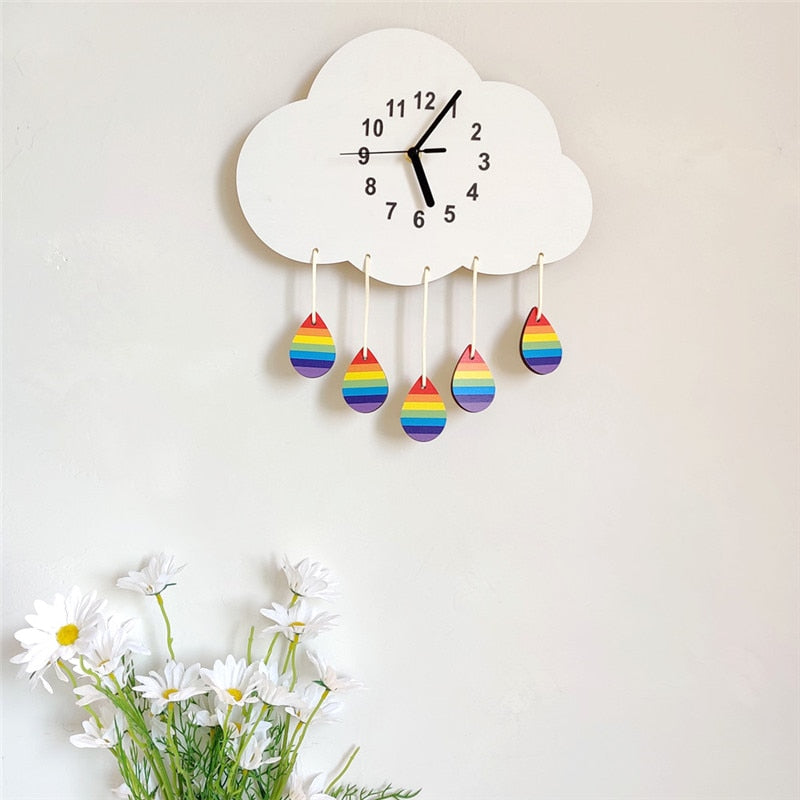 INS Nordic Wooden Cloud Wall Clock Kids Room Decoration Ornaments Digital Wood Mute Silent Clocks Furnitures Nursery Photo Props - Provence Home Living Store