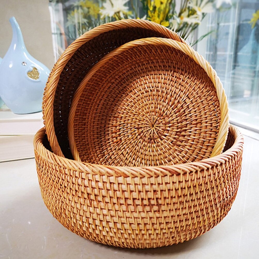 Hand-woven Rattan Wicker Basket Fruit Tea Snack Bread Basket Cosmetic Storage Box Kitchen Desktop Organizer Sundries Container - Provence Home Living Store