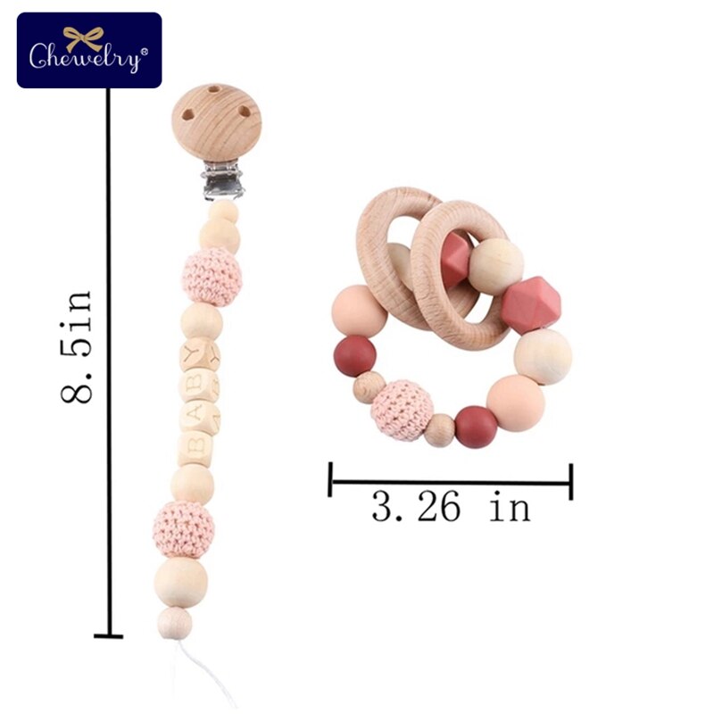 Wooden Teether Baby Play Gym Pacifier Clip Chain Silicone Beads Personalize Dummy Clip Baby Teether Stroller Toys Pram Clip Bell - Provence Home Living Store