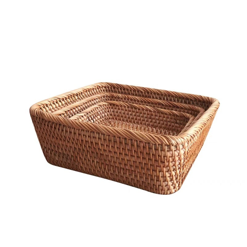 Hand-woven Basket Square Rattan Storage Basket Wicker Tray Picnic Basket Food Bread Dishes Sundries Box Kitchen Supplies - Provence Home Living Store