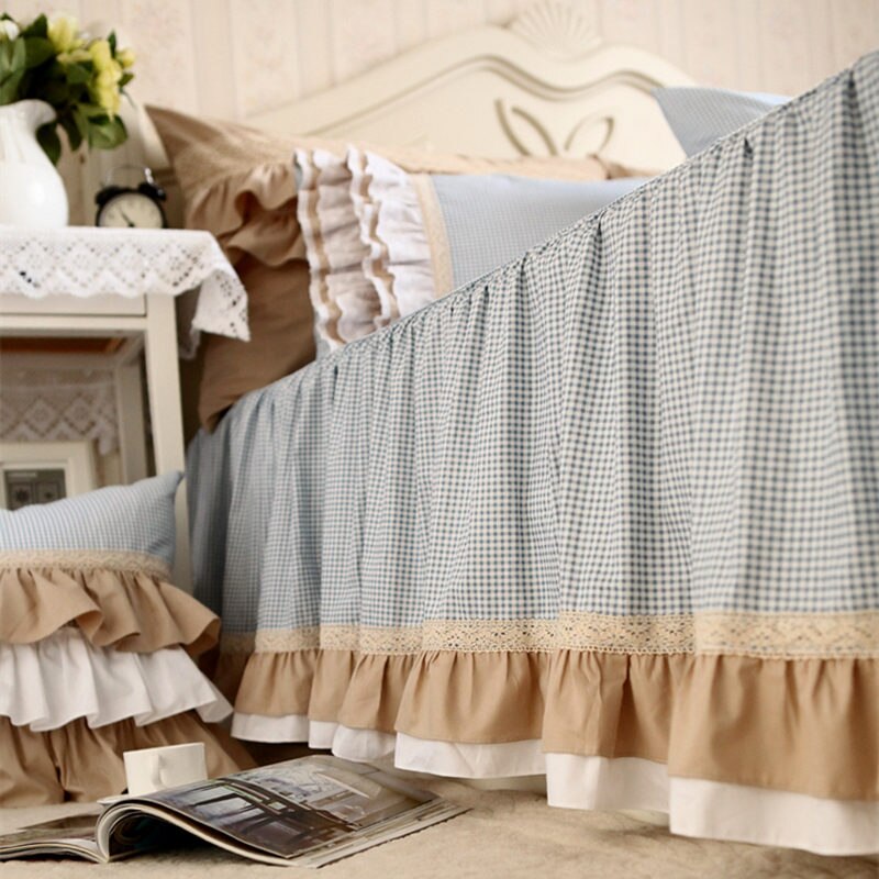 New classic blue lace bedding set flounces lattice block process princess bedding ruffle duvet cover bedskirt bed sheet sets - Provence Home Living Store