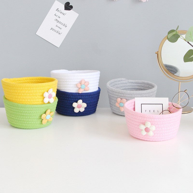 Hand Woven Cotton Rope Storage Basket With Flower Decor Desktop Sundries Kids Toys Organizer Box Dirty Clothes Laundry Baskets - Provence Home Living Store