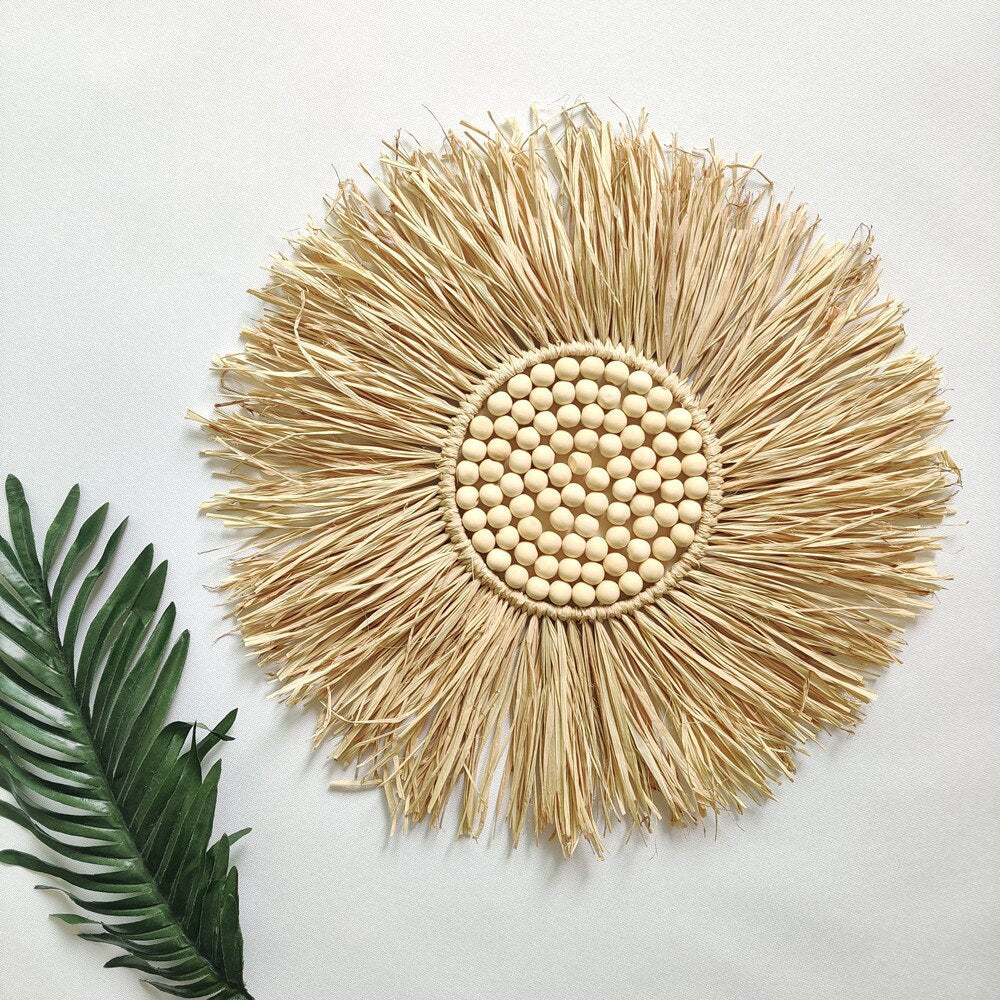 INS Nordic Round Woven Raffith Straw Mirror Moroccan Wood Beads Hanging Makeup Mirrors Wall Ornaments Homestay Home Decor Crafts - Provence Home Living Store