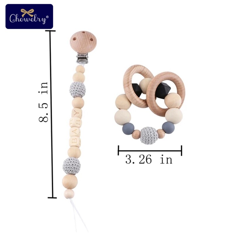 Wooden Teether Baby Play Gym Pacifier Clip Chain Silicone Beads Personalize Dummy Clip Baby Teether Stroller Toys Pram Clip Bell - Provence Home Living Store