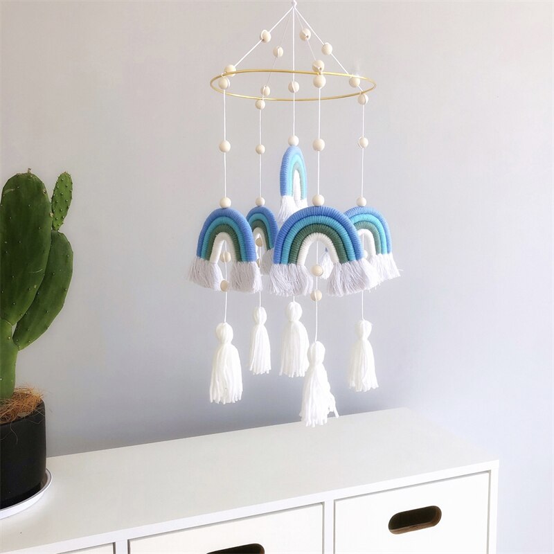 Cute Room Decoration Nordic Style Rainbow Wall Hanging Hand-Woven Rainbow Clouds Tassel Kids Rattle Mobile Crib Toy Home Decor - Provence Home Living Store