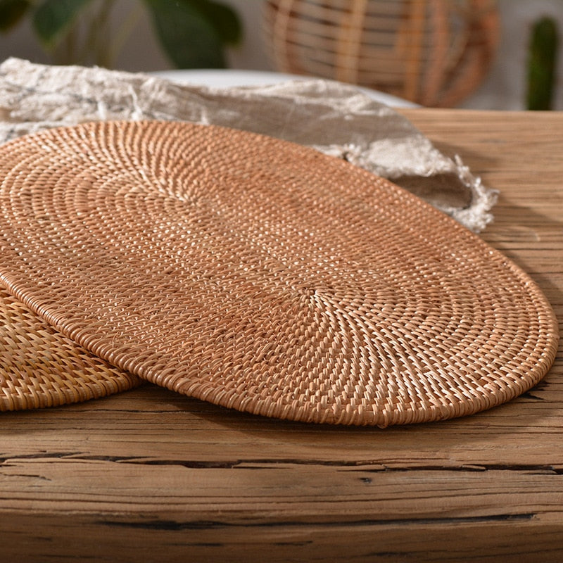 Large Table Mat Round Oval Placemat Natural Rattan Hand-Woven Dining Napkin Mats Hotel Cutlery Table Decoration - Provence Home Living Store