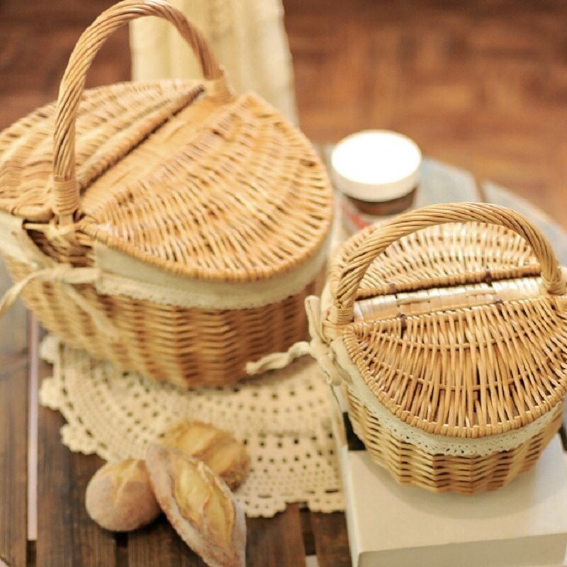 Wicker Handmade Woven Rattan Basket With Handle And Double Lids Camping Picnic Food Storage Container For Camping - Provence Home Living Store