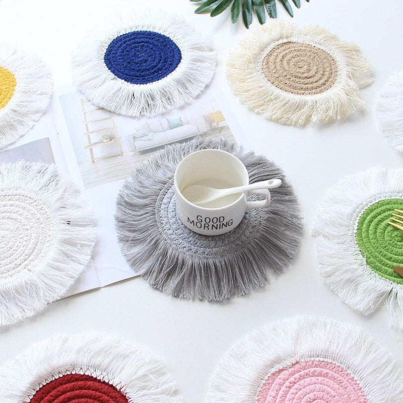 INS Cotton Rope Round Placemats Hand Woven Tassels Table Mat Bowl Pot Insulation Pads Tableware Drink Coaster Home Kitchen Decor - Provence Home Living Store