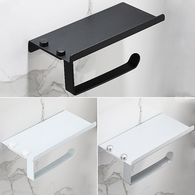 Aluminum Alloy Paper Towel Rack Public Toilet Mobile Phone Holder Bathroom Roll Holder Black Tissue Rack Wall Mounted - Provence Home Living Store