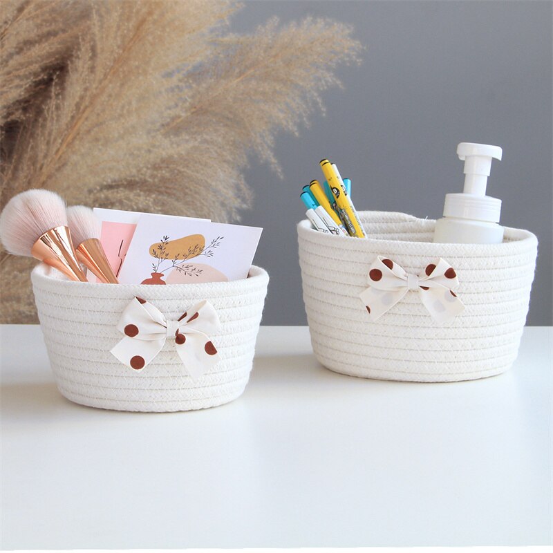 Bowknot Cotton Rope Storage Basket Weaving Nordic Sundries Baby Toys Dirty Clothes Finishing Baskets Desktop Small Organizer Box - Provence Home Living Store