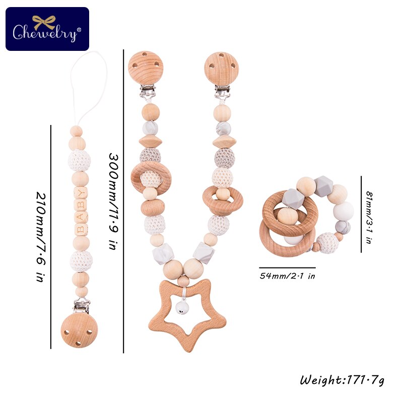 Wooden Teether Baby Play Gym Pacifier Clip Chain Silicone Beads Personalize Dummy Clip Baby Teether Stroller Toys Pram Clip Bell - Provence Home Living Store