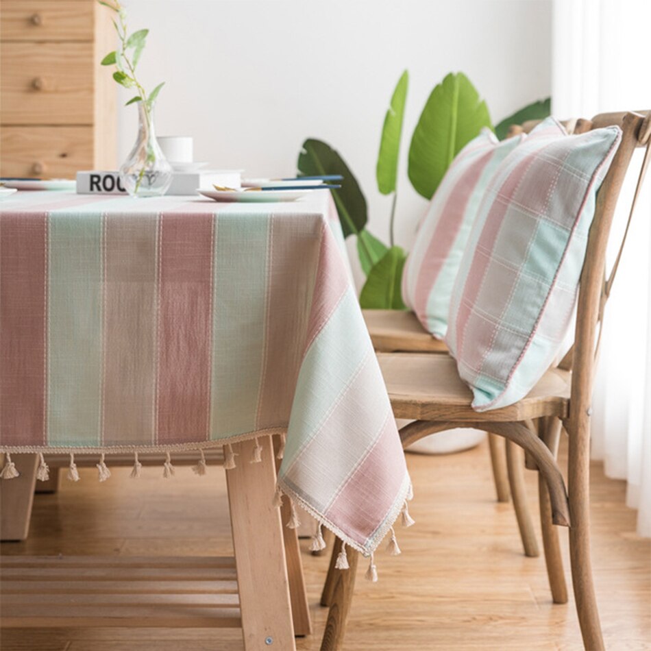 Striped Tablecloth with Tassels,Rectangular Linen Cotton Table Cover for Kitchen Dinning Room Tabletop Coffee Table Decoration - Provence Home Living Store