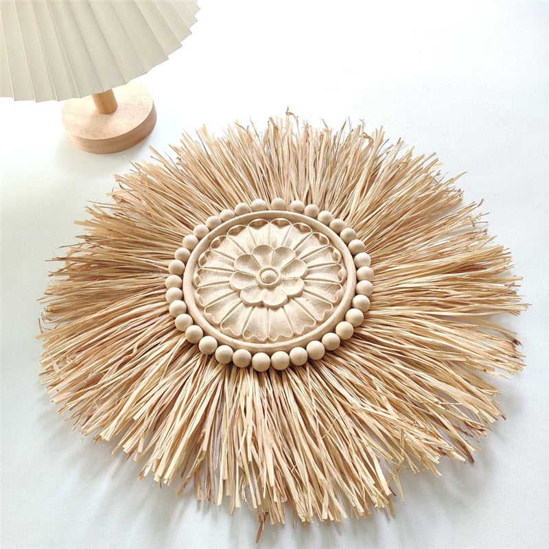 INS Nordic Round Woven Raffith Straw Hanging Pendant Wall Ornaments Moroccan Wooden Beads Carved Handicrafts Homestay Home Decor - Provence Home Living Store