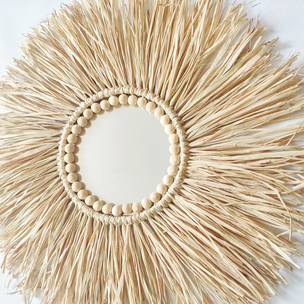 INS Nordic Round Woven Raffith Straw Mirror Moroccan Wood Beads Hanging Makeup Mirrors Wall Ornaments Homestay Home Decor Crafts - Provence Home Living Store