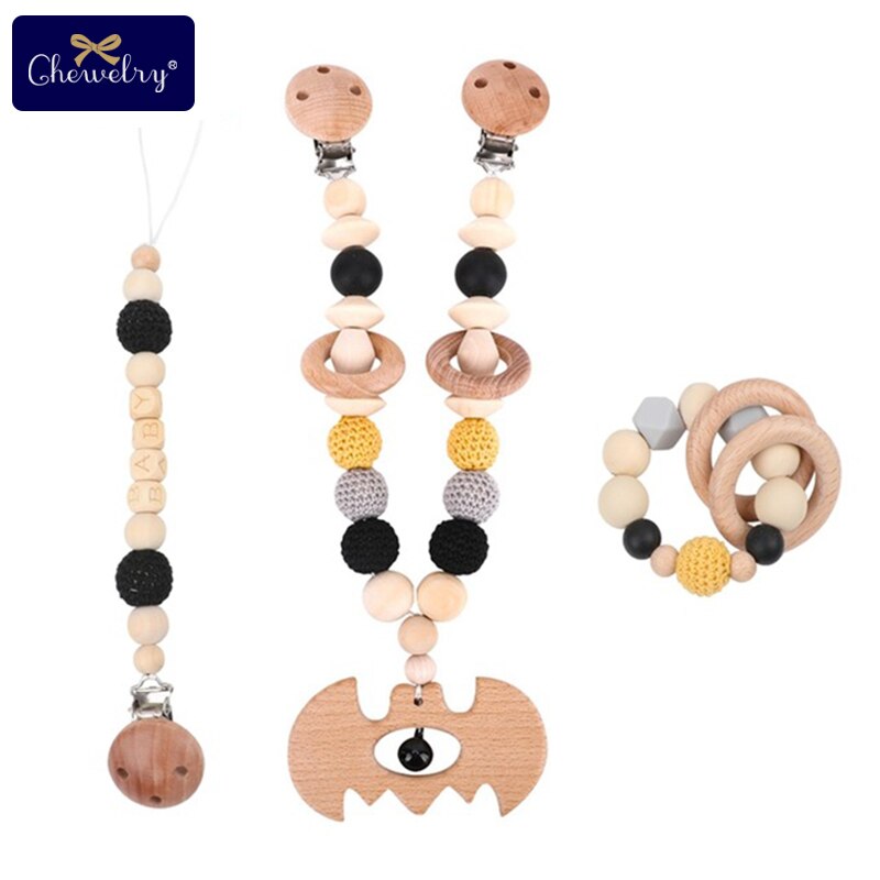 Wooden Teether Baby Play Gym Pacifier Clip Chain Silicone Beads Personalize Dummy Clip Baby Teether Stroller Toys Pram Clip Bell - Provence Home Living Store