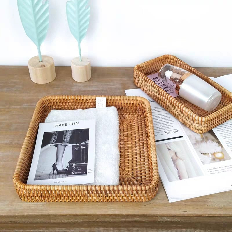 Rattan Storage Box Hand-Woven Rattan Storage Tray Wicker Basket Fruit Tea Organizer Kitchen Supplies Household Tools - Provence Home Living Store