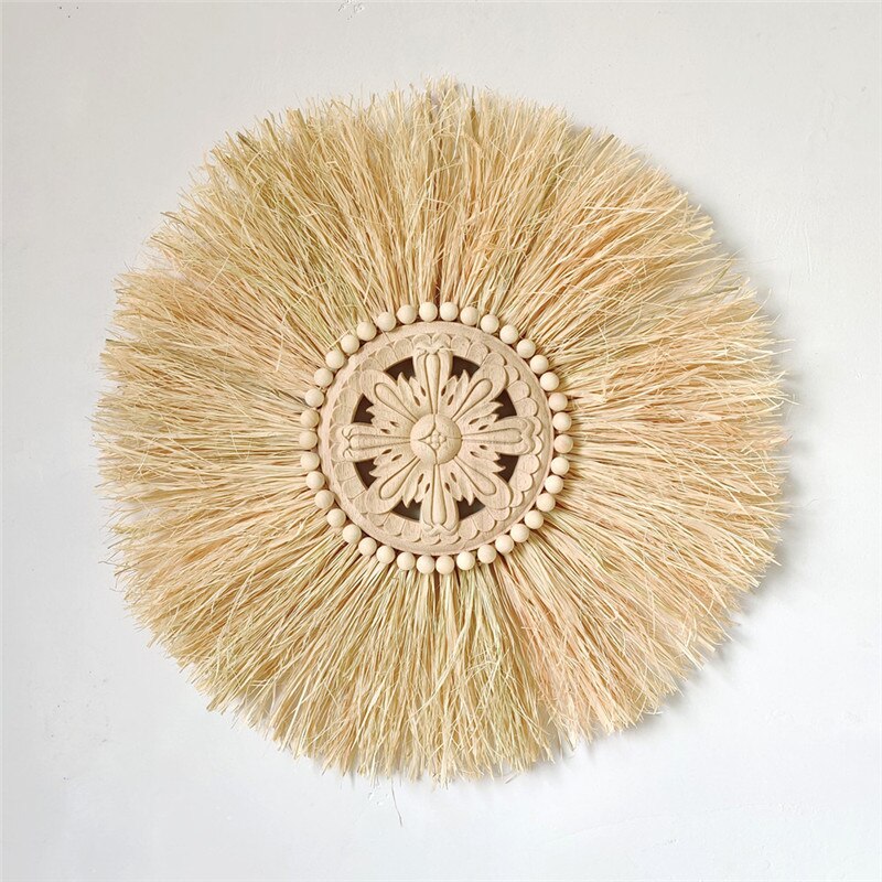 INS Nordic Round Woven Raffith Straw Hanging Pendant Wall Ornaments Moroccan Wooden Beads Carved Handicrafts Homestay Home Decor - Provence Home Living Store