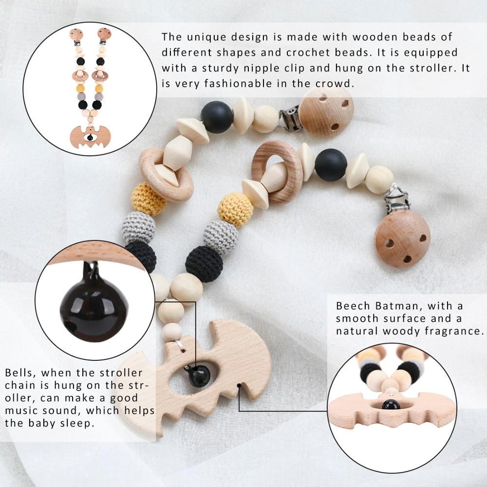 Wooden Teether Baby Play Gym Pacifier Clip Chain Silicone Beads Personalize Dummy Clip Baby Teether Stroller Toys Pram Clip Bell - Provence Home Living Store