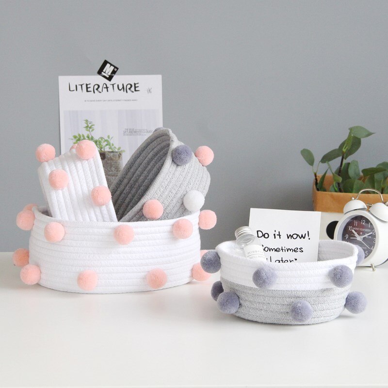 INS Pompom Cotton Rope Storage Baskets Handmade Woven Dirty Clothes Laundry Basket Kids Toys Desktop Sundries Organizer Hamper - Provence Home Living Store