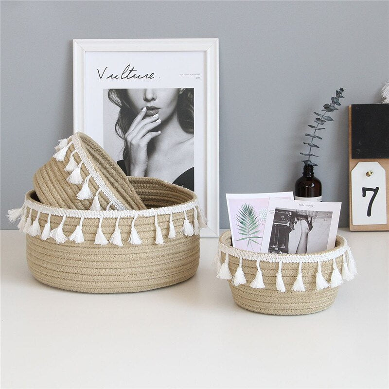 Nordic Cotton Rope Storage Baskets With Tassel Handmade Woven Dirty Clothes Laundry Basket Desktop Sundries Organizer Hamper - Provence Home Living Store