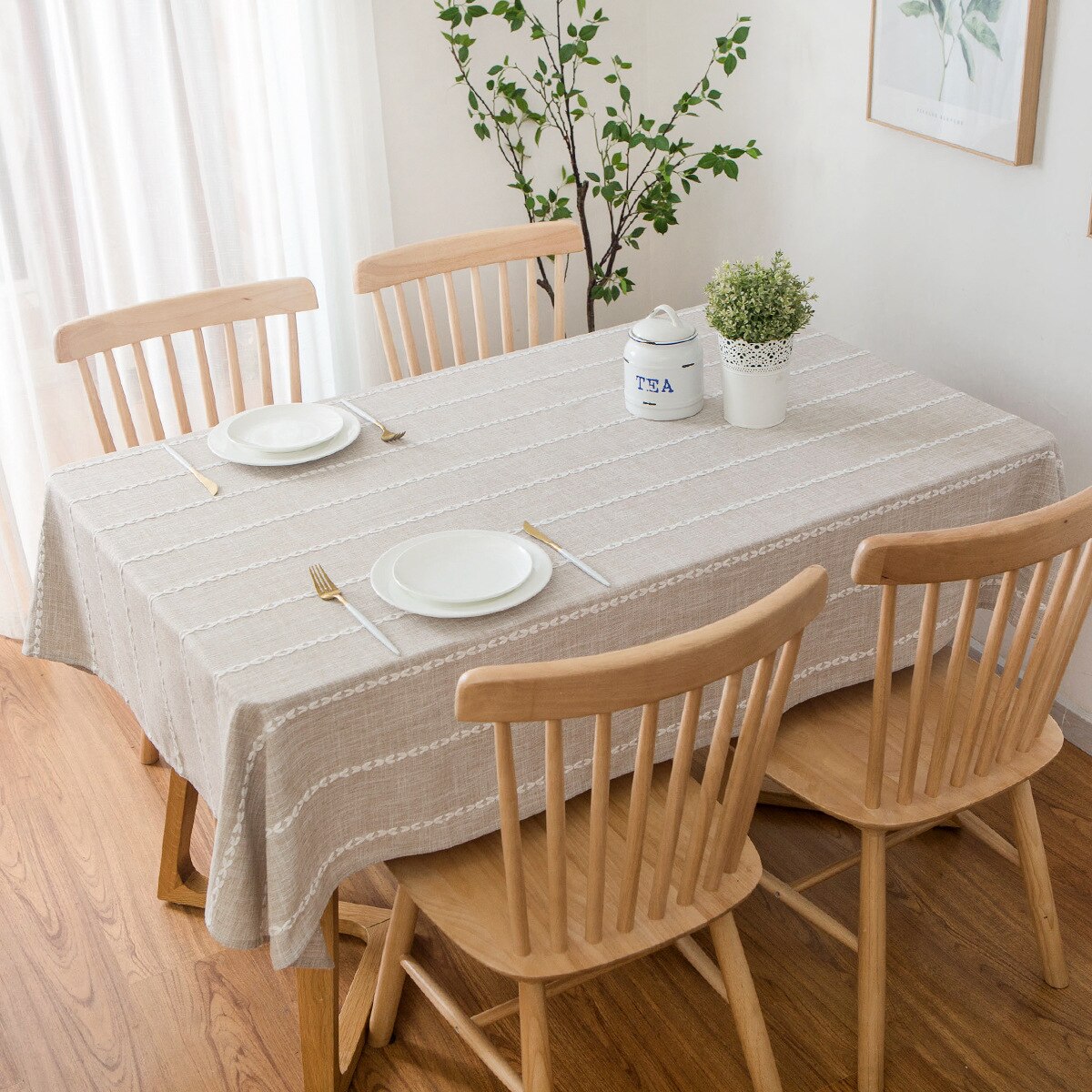 Linen Cotton Striated Embroidery Tablecloth,Nordic Rectangular Table Cover,for Kitchen Dinning Tabletop,Coffee Table Decor - Provence Home Living Store