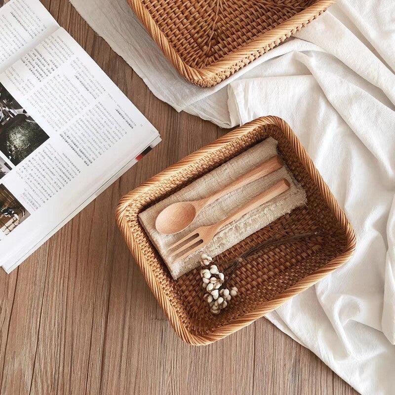 Hand-woven Basket Square Rattan Storage Basket Wicker Tray Picnic Basket Food Bread Dishes Sundries Box Kitchen Supplies - Provence Home Living Store