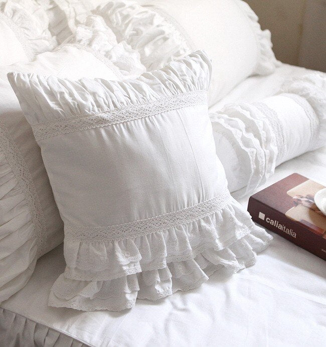 Super Luxury white lace ruffle square pillow case wedding decorative bedding textile sofa pillow princess cushion cover sale - Provence Home Living Store