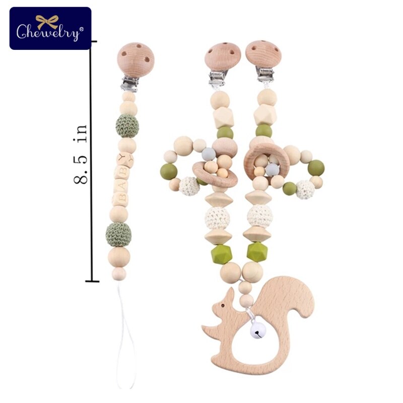 Wooden Teether Baby Play Gym Pacifier Clip Chain Silicone Beads Personalize Dummy Clip Baby Teether Stroller Toys Pram Clip Bell - Provence Home Living Store