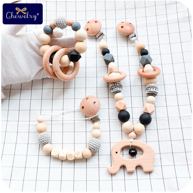 Wooden Teether Baby Play Gym Pacifier Clip Chain Silicone Beads Personalize Dummy Clip Baby Teether Stroller Toys Pram Clip Bell - Provence Home Living Store