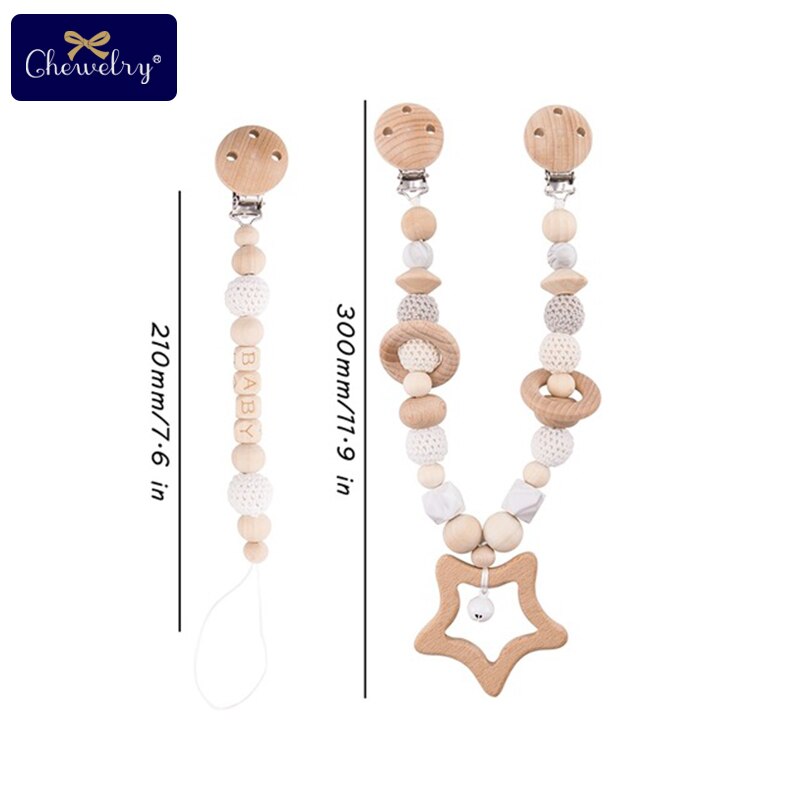 Wooden Teether Baby Play Gym Pacifier Clip Chain Silicone Beads Personalize Dummy Clip Baby Teether Stroller Toys Pram Clip Bell - Provence Home Living Store