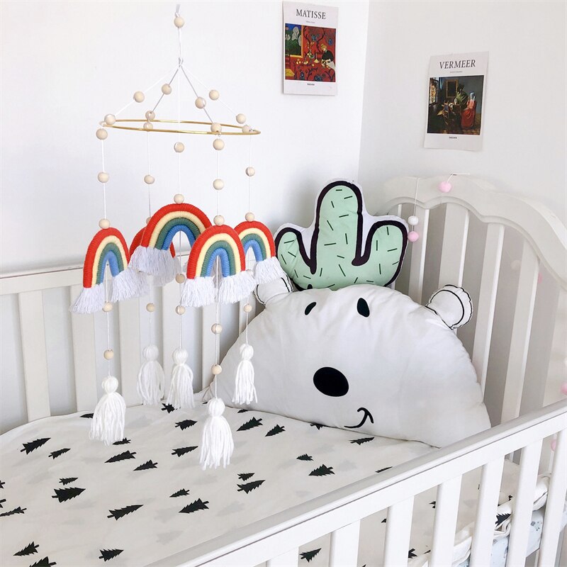 Cute Room Decoration Nordic Style Rainbow Wall Hanging Hand-Woven Rainbow Clouds Tassel Kids Rattle Mobile Crib Toy Home Decor - Provence Home Living Store