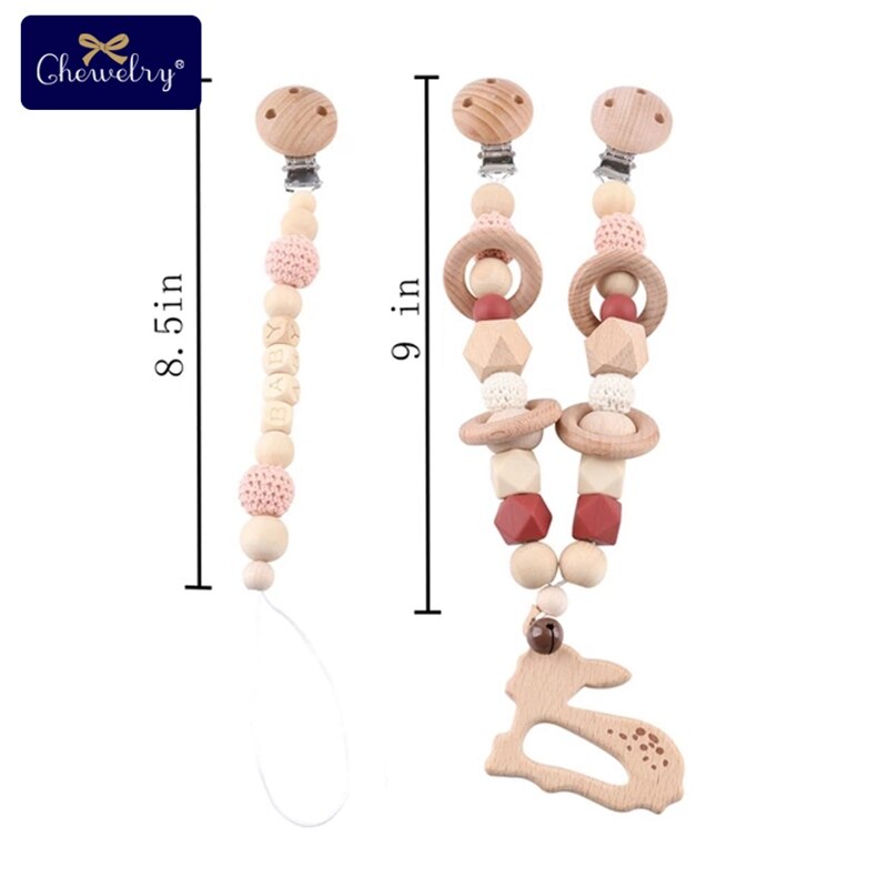 Wooden Teether Baby Play Gym Pacifier Clip Chain Silicone Beads Personalize Dummy Clip Baby Teether Stroller Toys Pram Clip Bell - Provence Home Living Store