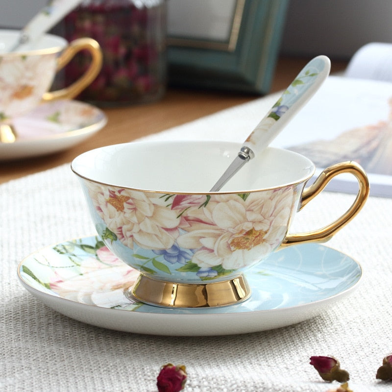 Elegant Gold Ceramic British Style Afternoon Tea Dessert Flower Tea Cup and Saucer Coffee Cup With Gold Handle office mug - Provence Home Living Store