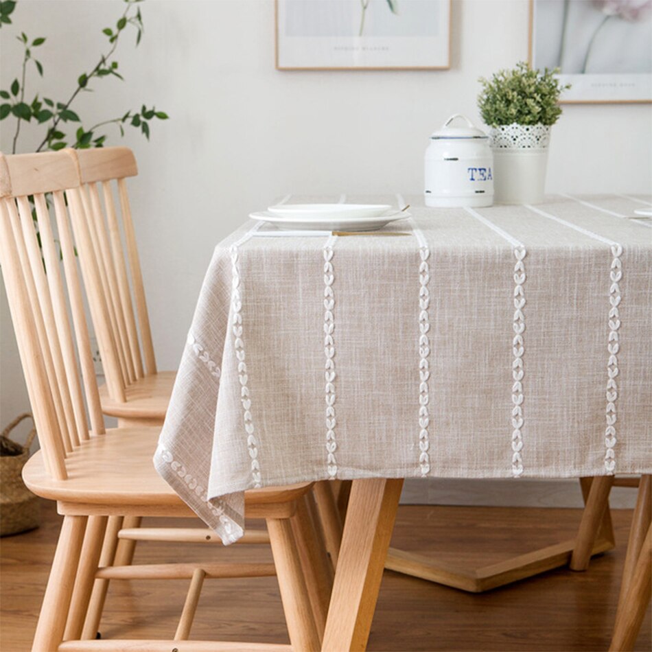 Linen Cotton Striated Embroidery Tablecloth,Nordic Rectangular Table Cover,for Kitchen Dinning Tabletop,Coffee Table Decor - Provence Home Living Store