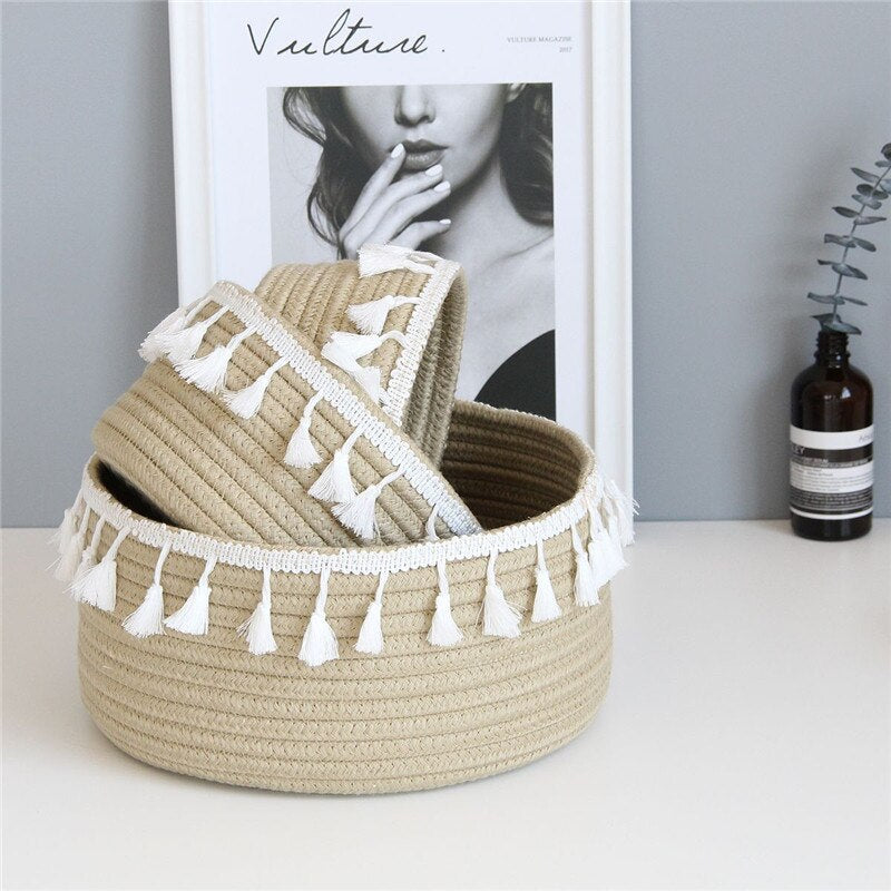 Nordic Cotton Rope Storage Baskets With Tassel Handmade Woven Dirty Clothes Laundry Basket Desktop Sundries Organizer Hamper - Provence Home Living Store