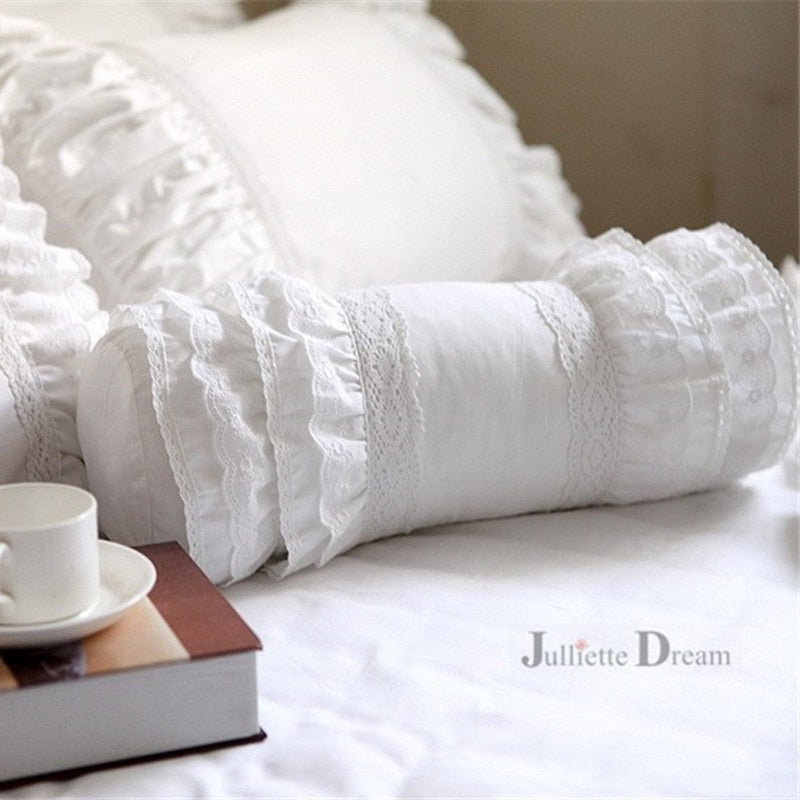 White embroidered cushion decorative bedding pillow European candy cushion princess ruffle lace lumbar pillow sofa hand rests - Provence Home Living Store