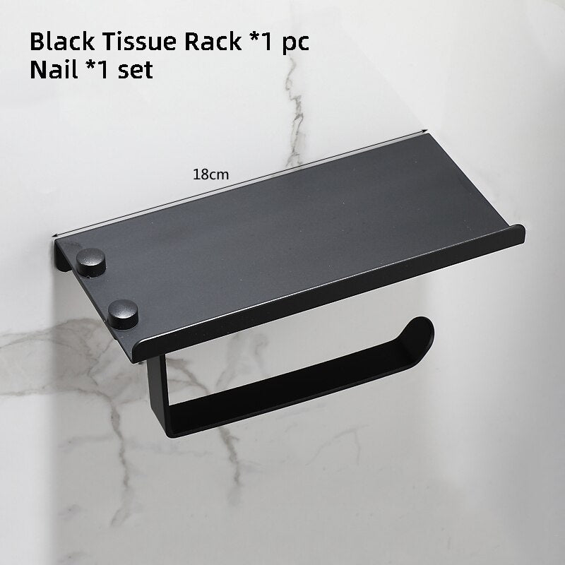 Aluminum Alloy Paper Towel Rack Public Toilet Mobile Phone Holder Bathroom Roll Holder Black Tissue Rack Wall Mounted - Provence Home Living Store