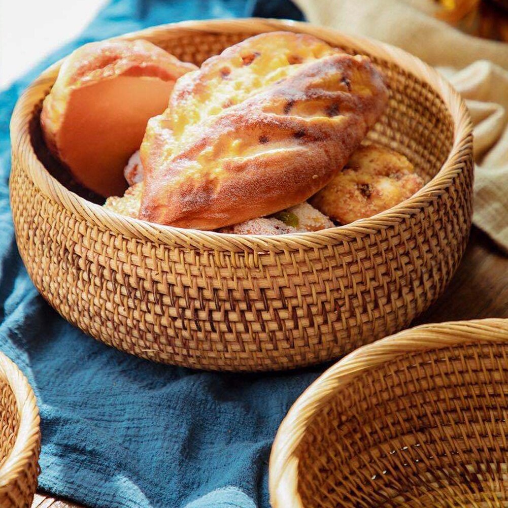 Hand-woven Rattan Wicker Basket Fruit Tea Snack Bread Basket Cosmetic Storage Box Kitchen Desktop Organizer Sundries Container - Provence Home Living Store