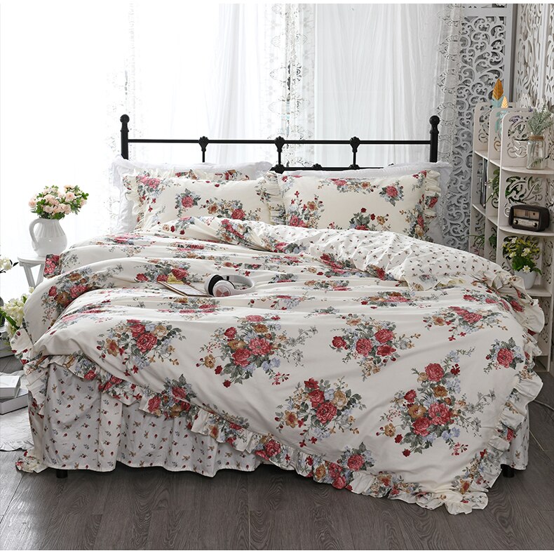 New garden flower print bedding set European ruffle duvet cover elegant bed skirt bedspread princess bed clothes - Provence Home Living Store